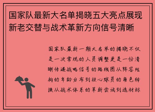 国家队最新大名单揭晓五大亮点展现新老交替与战术革新方向信号清晰 国家队最新大名单揭晓五大亮点展现新老交替与战术革新方向信号清晰